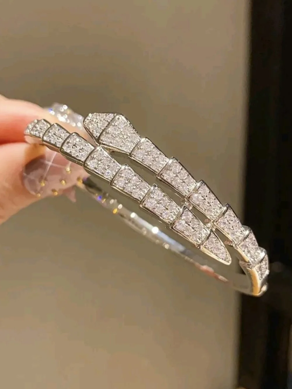 Pave Crystal Serpentine Silver Toned Luxury Bangle Bracelet